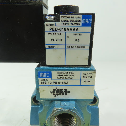 MAC 55B-12-PE-616AA Pneumatic Air Solenoid Valve Vac to 150PSI 24VDC