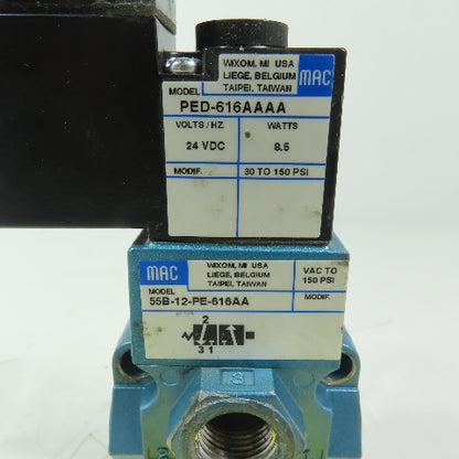 MAC 55B-12-PE-616AA Pneumatic Air Solenoid Valve Vac to 150PSI 24VDC