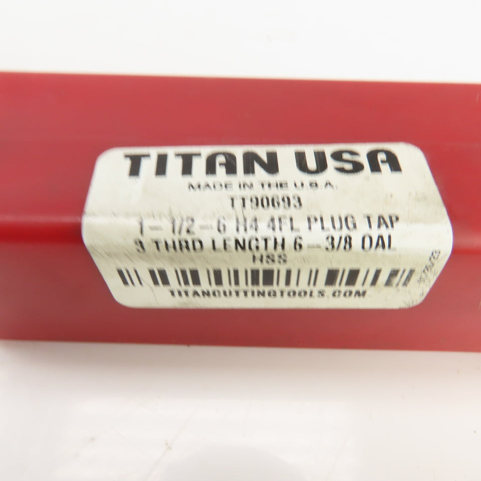 Titan 1-1/2"-6 HSS NC Straight 4 Flute Plug Tap 6-3/8" OAL 0.920" Shank USA