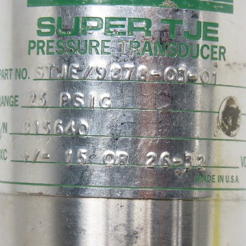Sensotec STJE/9878-03-01 Super TJE Pressure Transducer 25PSI +/-15 Or 26-32VDC