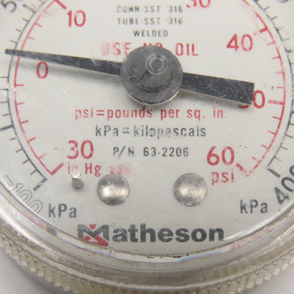 Matheson 63-2206 60PSI 30"Hg Vacuum 400kPa Pressure Gauge 1/4" NPT Lot Of 7