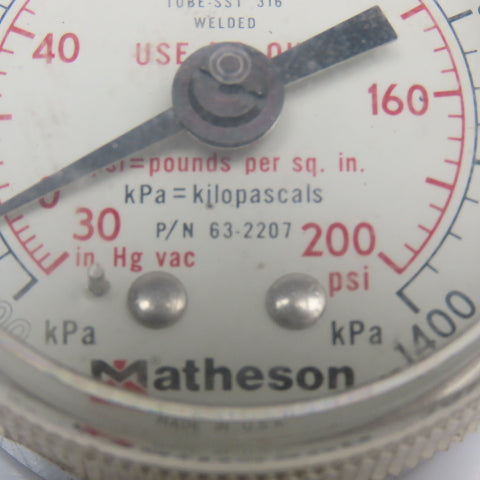 Matheson 63-2207 200PSI -30"Hg Vacuum 1400kPa Pressure Gauge  1/4" NPT
