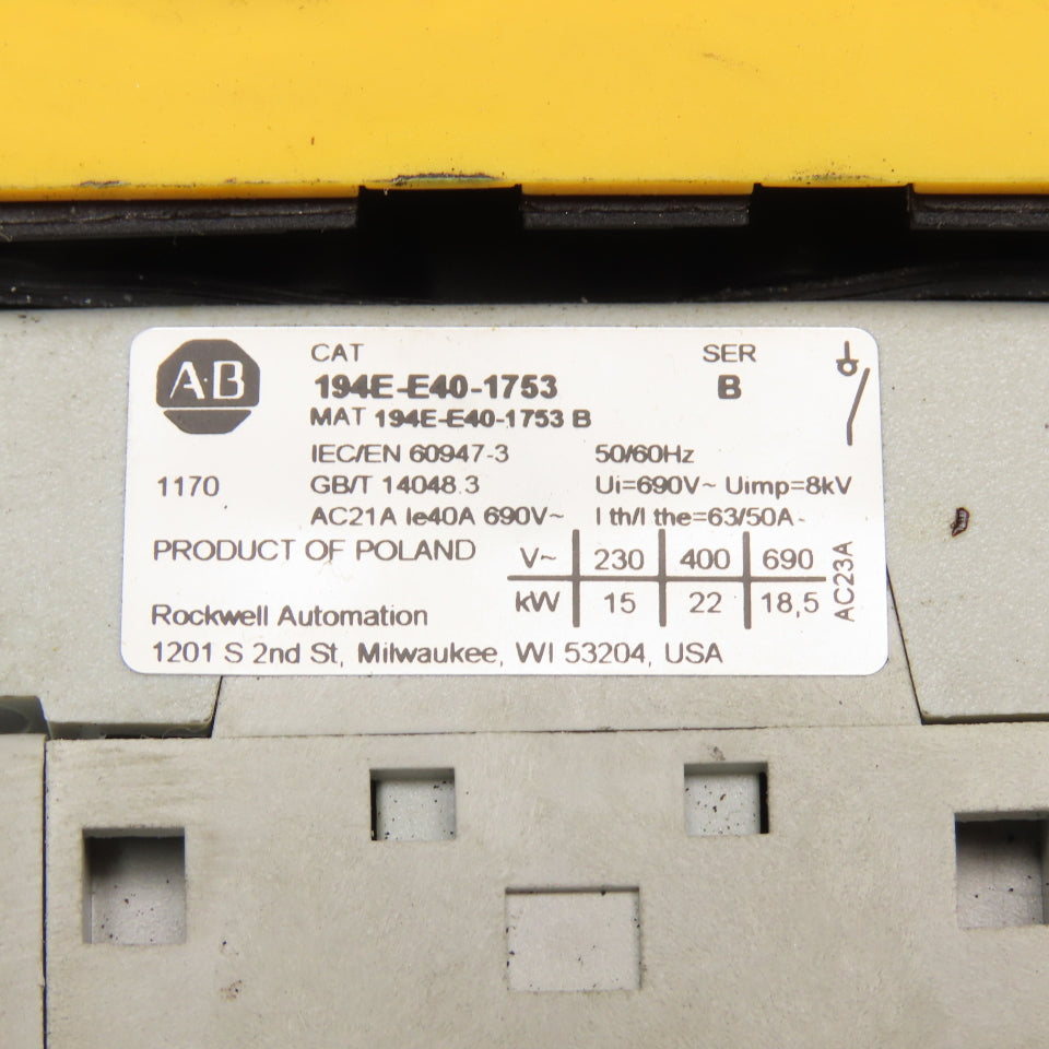 Allen Bradley 194E-E40-1753 600V 20Hp 1Ph 3Ph Disconnect Switch Panel Operator