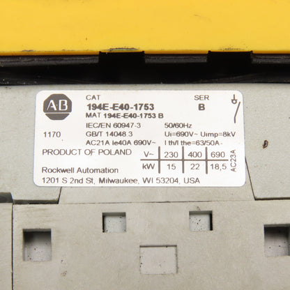Allen Bradley 194E-E40-1753 600V 20Hp 1Ph 3Ph Disconnect Switch Panel Operator