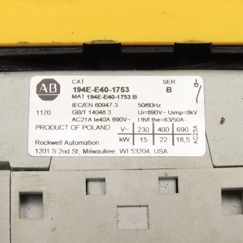 Allen Bradley 194E-E40-1753 600V 20Hp 1Ph 3Ph Disconnect Switch Panel Operator
