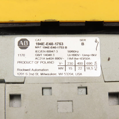 Allen Bradley 194E-E40-1753 600V 20Hp 1Ph 3Ph Disconnect Switch Panel Operator