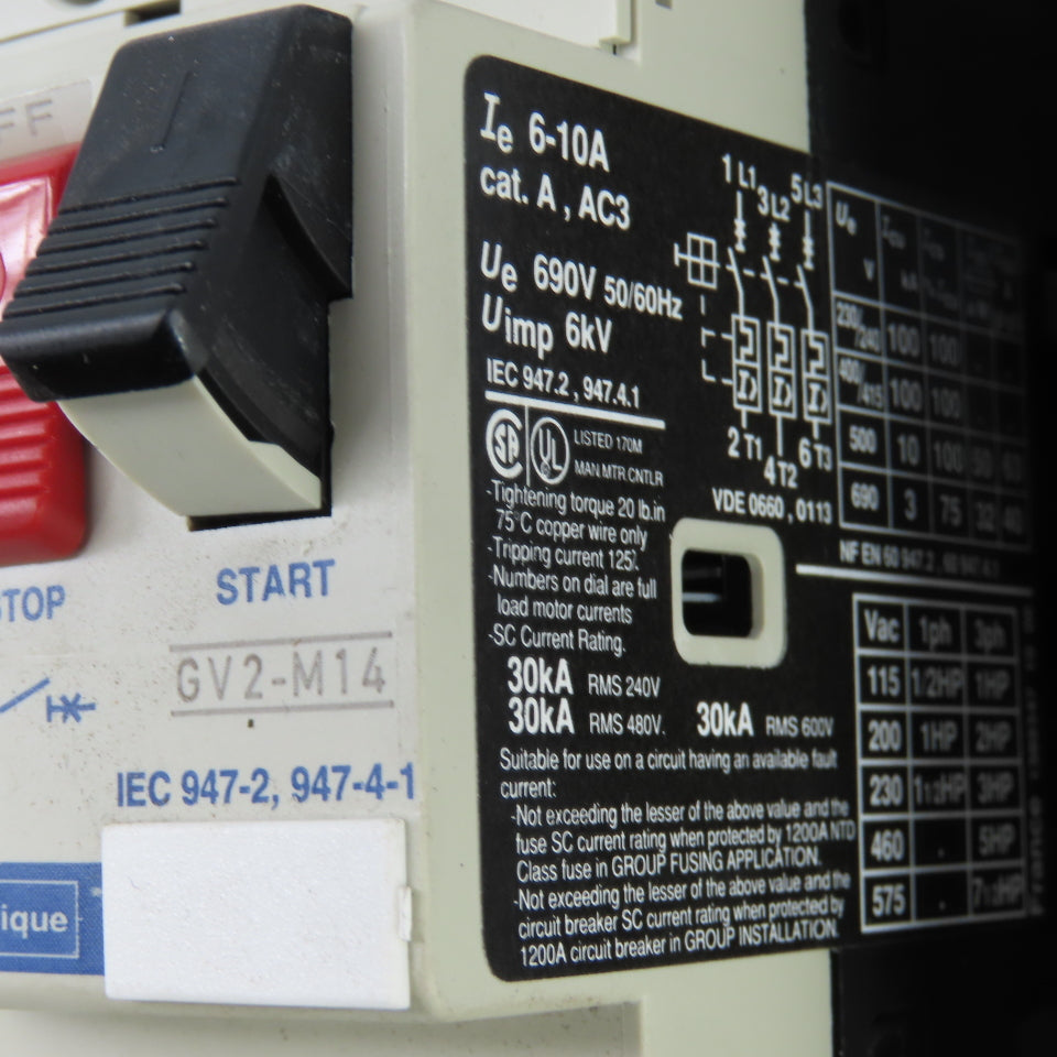 Telemecanique GV2-M14 6-10A Manual Motor Starter 1-7-1/2HP 600VAC W/Enclosure