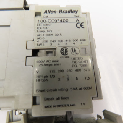 Allen Bradley 100-C09D400 193-EA1DB Contactor Relay 600V 7.5Hp 1.0-2.9A Trip