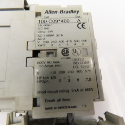Allen Bradley 100-C09D400 193-EA1DB Contactor Relay 600V 7.5Hp 1.0-2.9A Trip