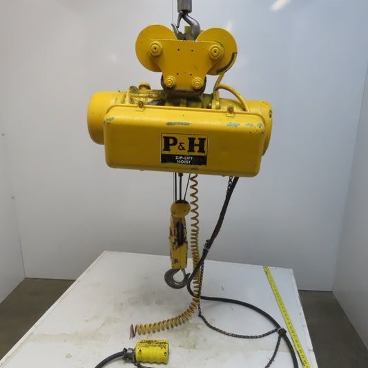 P & H ZipLift 1/2 Ton Electric Hoist 15' Wire Rope Lift 480V 3Hp W/Push Trolley