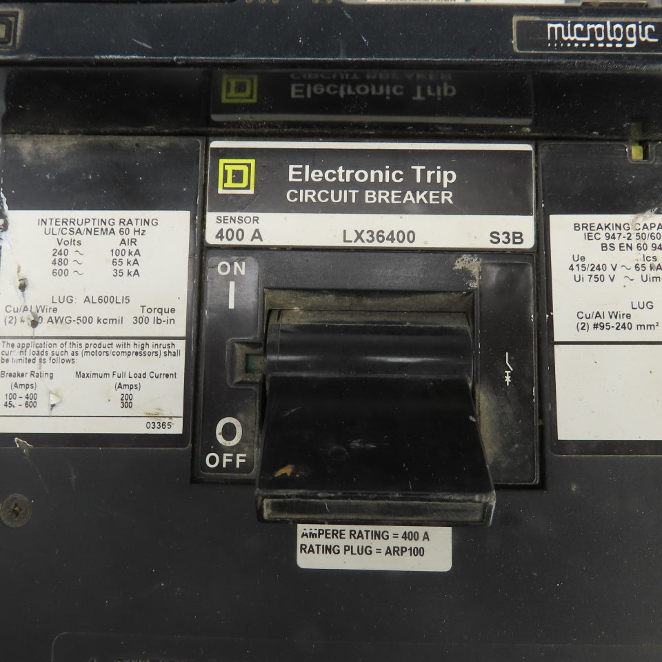Square D LKX36400 S3B Micrologic 400A Electronic Trip Circuit Breaker 240-600VAC