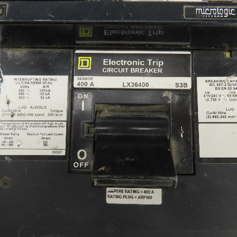 Square D LKX36400 S3B Micrologic 400A Electronic Trip Circuit Breaker 240-600VAC