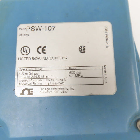 Omega Engineering PSW-107 Pressure Switch 1.5-30 PSI 15A 480VAC