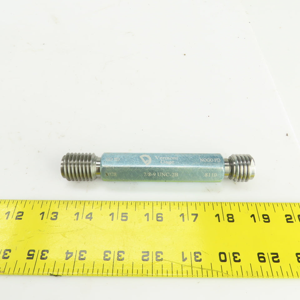 Vermont Gage 7/8"-9 UNC-2B Thread Plug Gage GO PD 0.8028 NOGO PD 0.8110