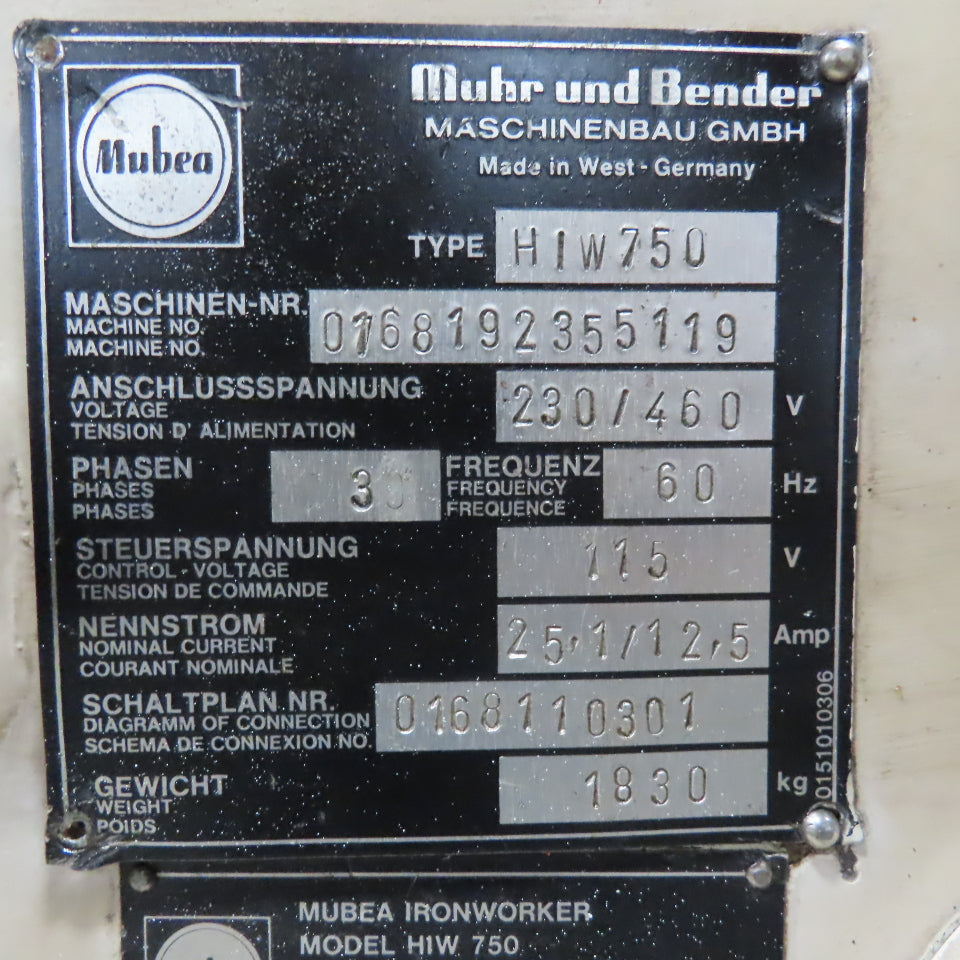 Mubea HIW750 82 Ton Dual Station Iron Worker 10Hp 480V Roller Table & Tooling