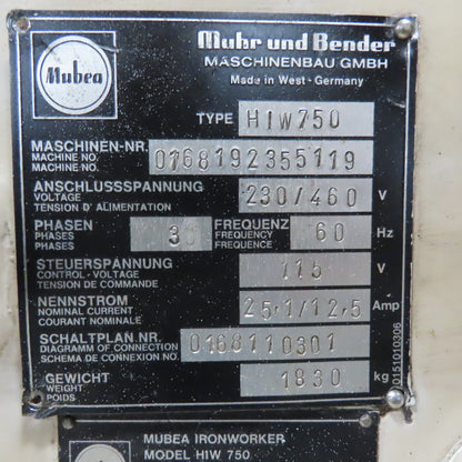Mubea HIW750 82 Ton Dual Station Iron Worker 10Hp 480V Roller Table & Tooling