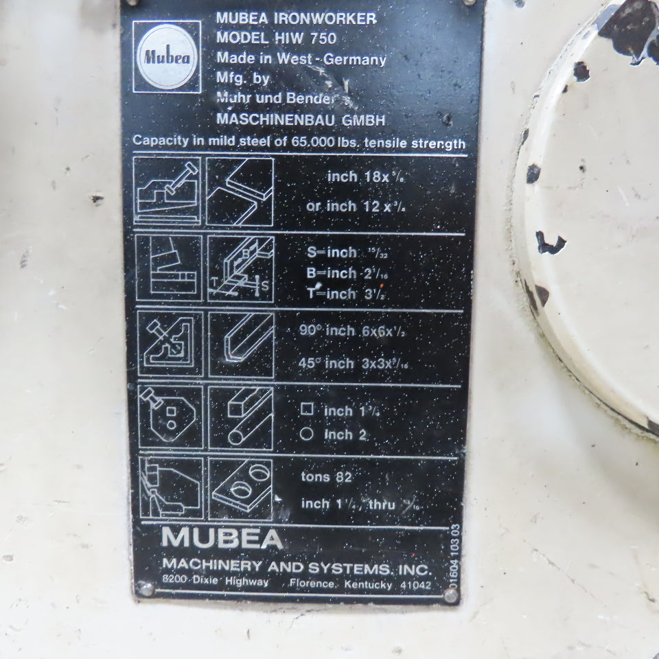 Mubea HIW750 82 Ton Dual Station Iron Worker 10Hp 480V Roller Table & Tooling