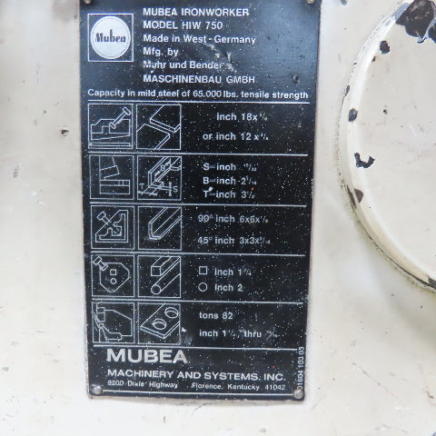 Mubea HIW750 82 Ton Dual Station Iron Worker 10Hp 480V Roller Table & Tooling