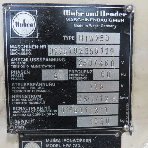 Mubea HIW750 82 Ton Dual Station Iron Worker 10Hp 480V Roller Table & Tooling