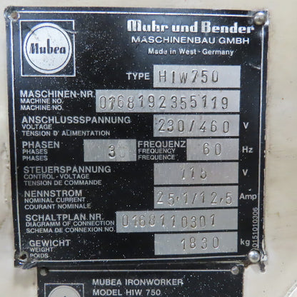 Mubea HIW750 82 Ton Dual Station Iron Worker 10Hp 480V Roller Table & Tooling