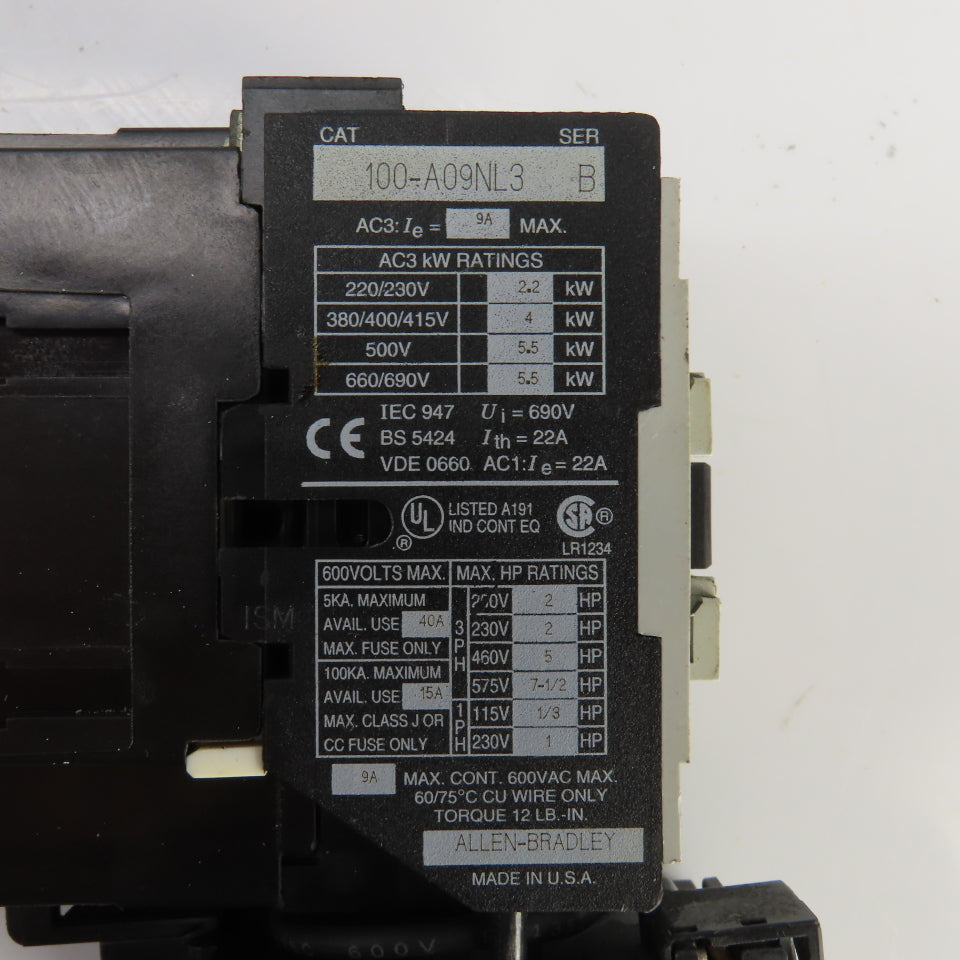 Allen Bradley 100-A09NL3 600V Contactor 120V Coil W/193-A4D1 Overload Relay