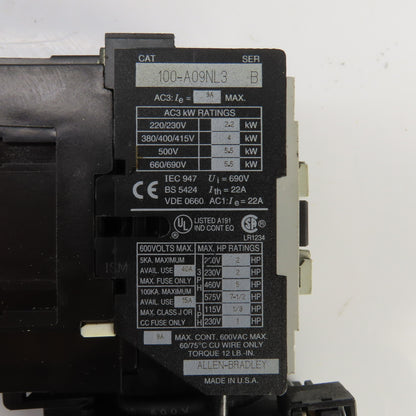 Allen Bradley 100-A09NL3 600V Contactor 120V Coil W/193-A4D1 Overload Relay