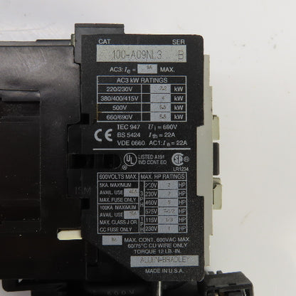 Allen Bradley 100-A09NL3 600V Contactor 120V Coil W/193-A4D1 Overload Relay