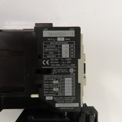 Allen Bradley 100-A09ND31 600V Contactor 120V Coil W/193-A4C1 Overload Relay