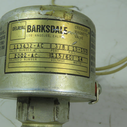 Barksdale 113432-AC Crescent Magnetic Solenoid Valve 115V 150 PSI Missing Base