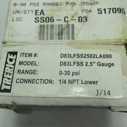 Terice D83LFSS 0-30PSI  2-1/2" Stainless Steel Liquid Filled Gauge 1/4"NPT Lower