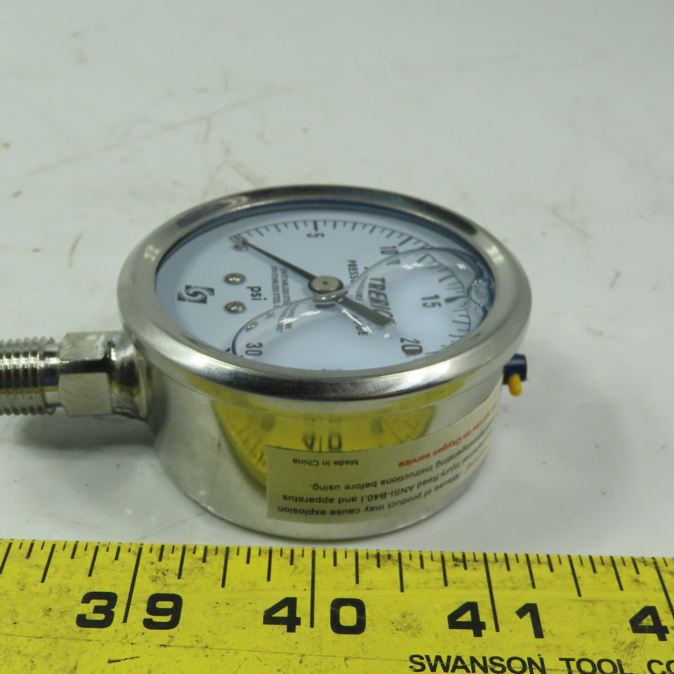 Terice D83LFSS 0-30PSI  2-1/2" Stainless Steel Liquid Filled Gauge 1/4"NPT Lower