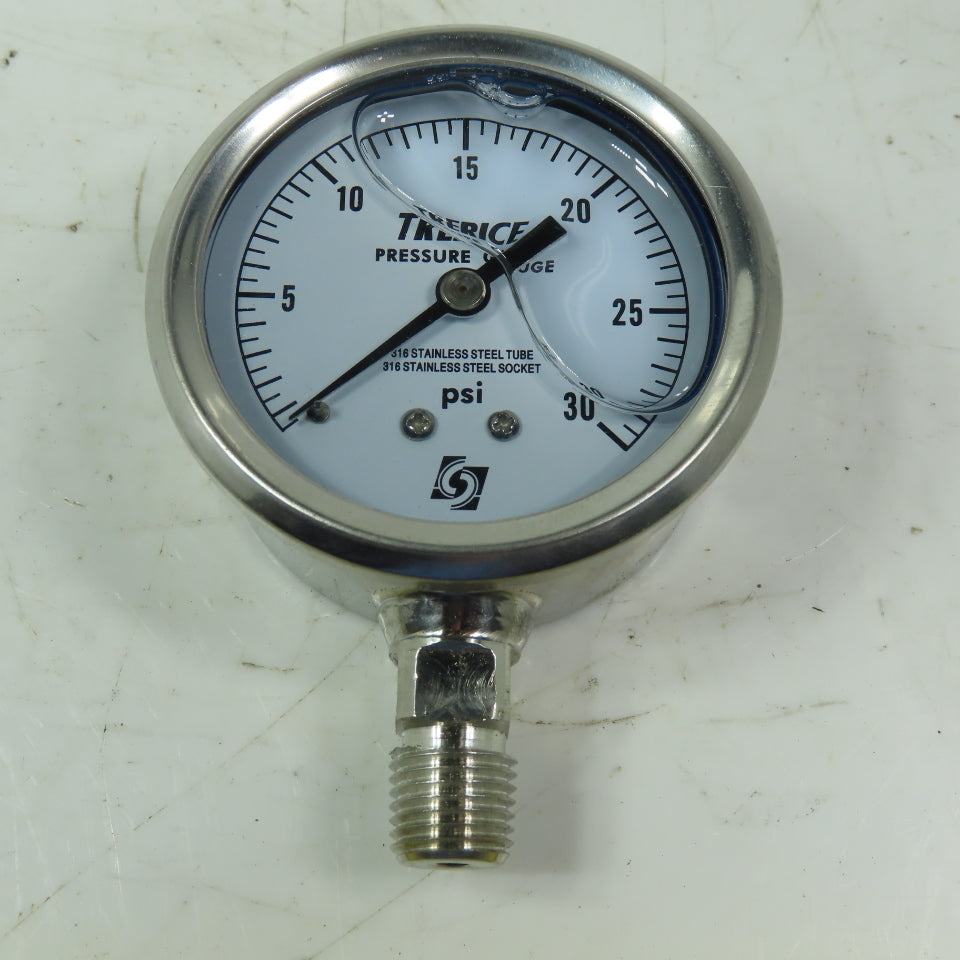 Terice D83LFSS 0-30PSI  2-1/2" Stainless Steel Liquid Filled Gauge 1/4"NPT Lower