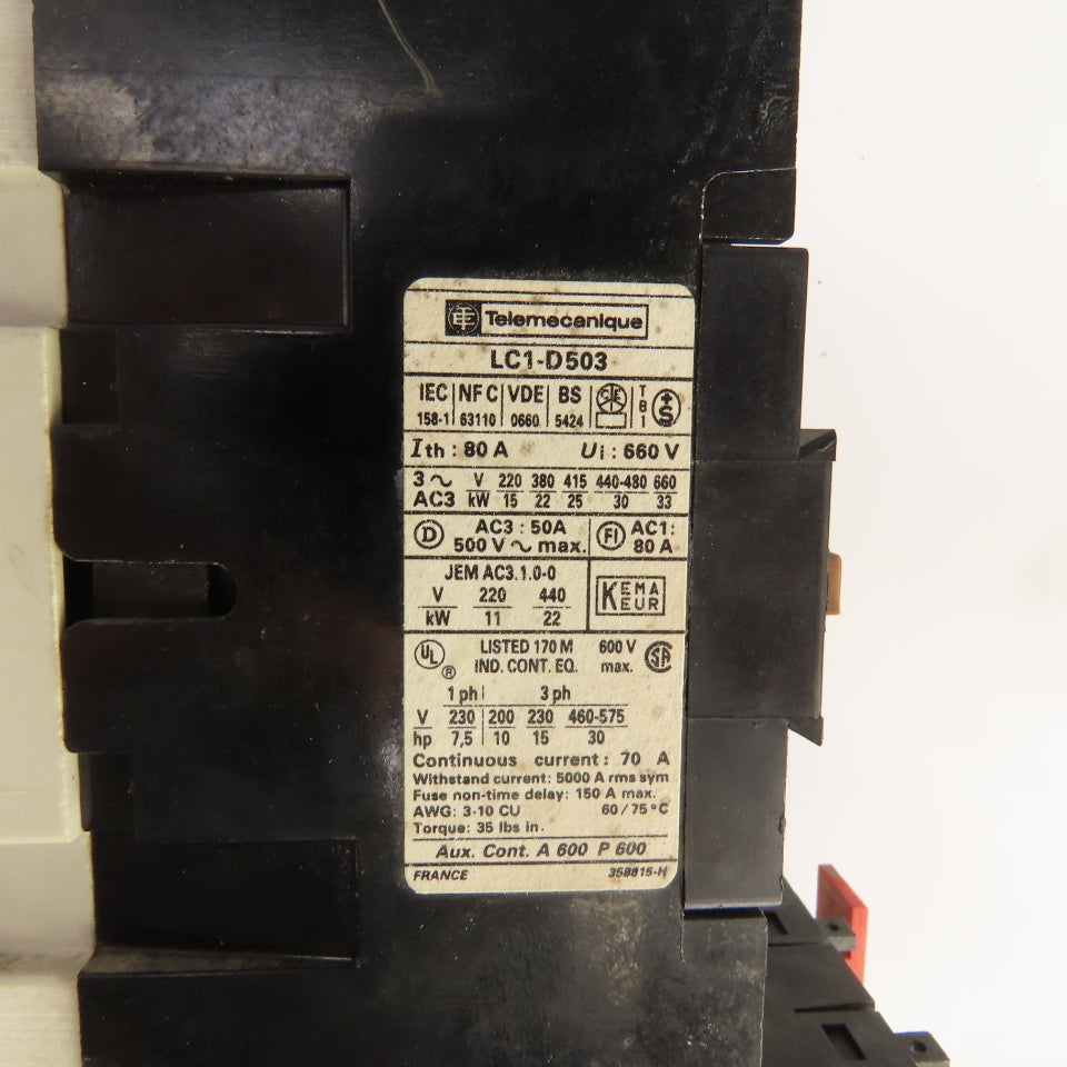 Telemecanique LC1 D503 600V Contactor 120V Coil W/LR-D40 353 Overload