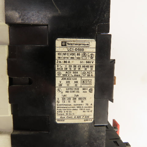 Telemecanique LC1 D503 600V Contactor 120V Coil W/LR-D40 353 Overload