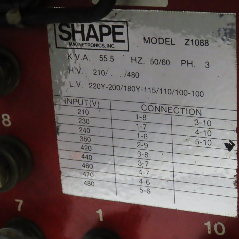 Shape Magnetronics 210-480V Pri 55.5kVa 100-220Y Sec. 50/60Hz 3Ph Transformer