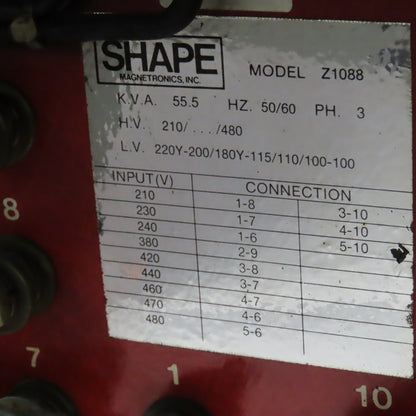 Shape Magnetronics 210-480V Pri 55.5kVa 100-220Y Sec. 50/60Hz 3Ph Transformer