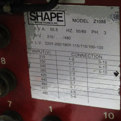 Shape Magnetronics 210-480V Pri 55.5kVa 100-220Y Sec. 50/60Hz 3Ph Transformer