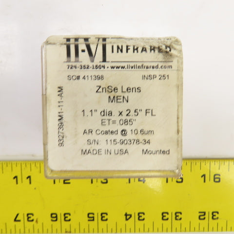 Iivi Infrared ZNSE Meniscus Lens 1.1" OD x 2.5"FL ET=0.085" Coated @ 10.6um