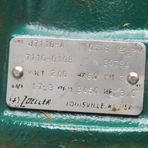 Zoeller 7110-0108 J7110-A 200V 3Ph 3Hp 3450 RPM Sewage Trash Grinder Pump