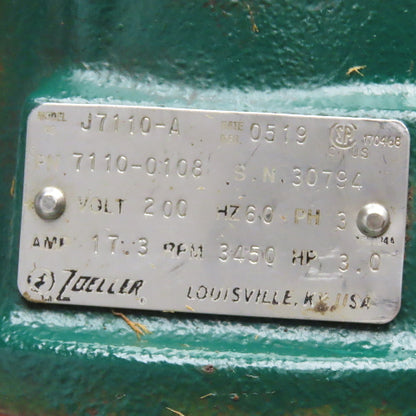 Zoeller 7110-0108 J7110-A 200V 3Ph 3Hp 3450 RPM Sewage Trash Grinder Pump