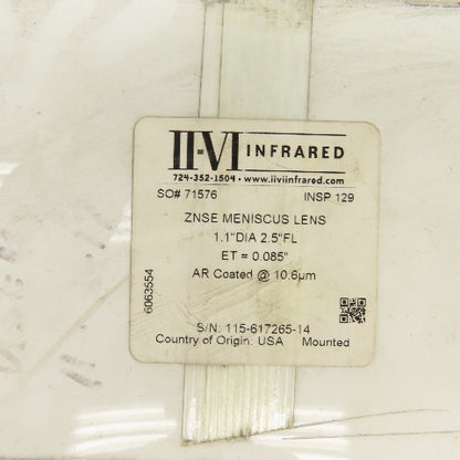 Iivi Infrared ZNSE Meniscus Lens 1.1" Diam. 2.5" FL ET=0.085" AR Coated @ 10.6um