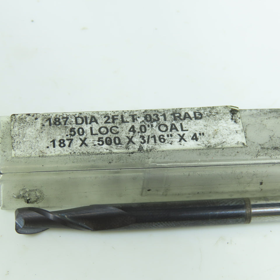 3/16" (.187") Square End Mill 2 Flute 1/2" LOC 4" OAL .031 Radius
