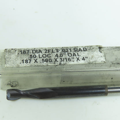 3/16" (.187") Square End Mill 2 Flute 1/2" LOC 4" OAL .031 Radius