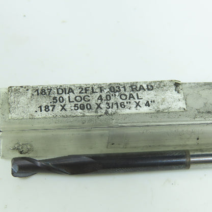 3/16" (.187") Square End Mill 2 Flute 1/2" LOC 4" OAL .031 Radius