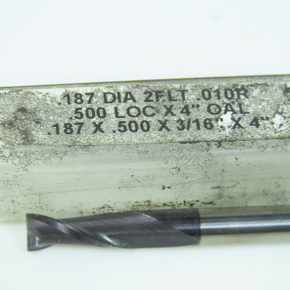 3/16" (.187") Square End Mill 2 Flute 1/2" LOC 4" OAL .010 Radius