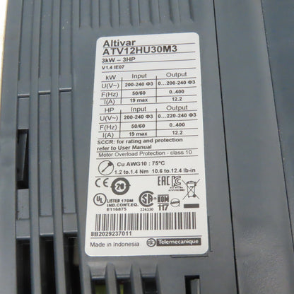 Telemecanique ATV12HU30M3 3Hp 240V 0-400Hz Output Variable Speed Drive