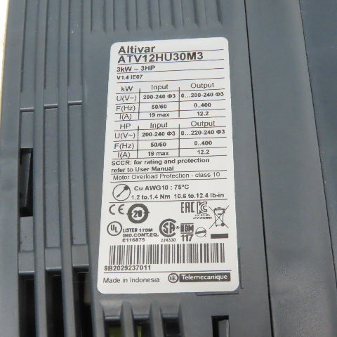 Telemecanique ATV12HU30M3 3Hp 240V 0-400Hz Output Variable Speed Drive