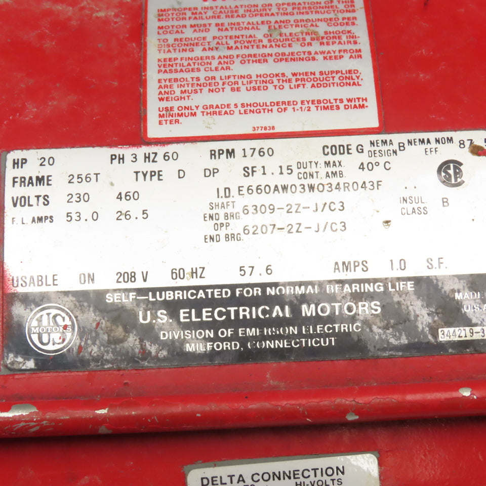 US Motor 20Hp 1760RPM 3Ph 208-230/460V 256T Drip Proof AC Motor