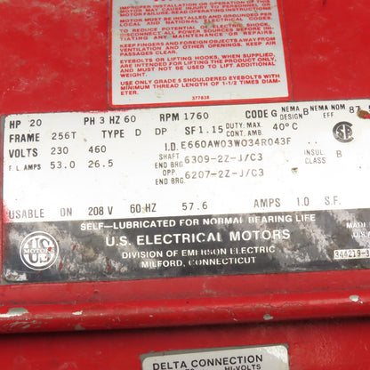 US Motor 20Hp 1760RPM 3Ph 208-230/460V 256T Drip Proof AC Motor