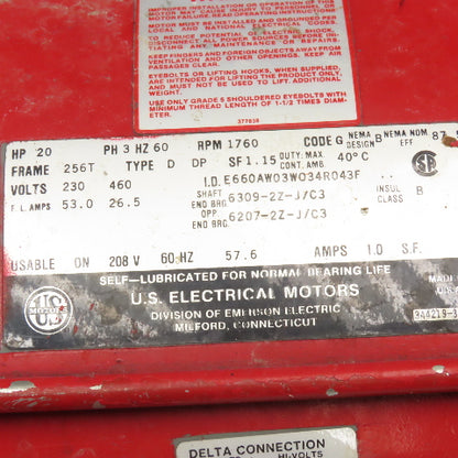 US Motor 20Hp 1760RPM 3Ph 208-230/460V 256T Drip Proof AC Motor